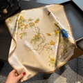 Elegant beige silk square scarf with peony and butterfly floral painting design - 53x53cm / Beige