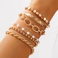 Detail of 6-piece gold-tone layered bracelet set with pearls and diverse chain textures - Gold 6-Piece Set (30209-bra-G)