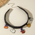 Halloween-Halsband mit Kordelzug und Anhängern von Kürbis und kleinem Gespenst - Schwarze Geflochtene Emaille-Anhänger (30593-nek-black)