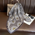 Elegant paisley silk scarf in grey and yellow draped on a luxury handbag - 70*70cm / Grey (W-294)
