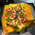 Elegant silk square scarf with realistic lily pattern and orange satin finish - 53*53cm / Orange
