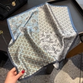 Elegant mulberry silk scarf with blue floral prints and geometric patterns on a tray - 53*53cm / Blue (ZS-532)