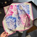 Floral print 100% mulberry silk square scarf with blue and pink hydrangea pattern - 53*53cm / Pink