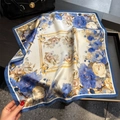 Elegant blue and white floral mulberry silk square scarf for women's summer styling - 53cmx53cm / Beige Blue