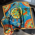 Elegant blue silk square scarf with colorful artistic sun and wave patterns - 53x53cm / Blue/Artistic Blue Print