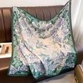 Green and beige silk square scarf with floral rose pattern on brown leather sofa - 90*90cm / Green
