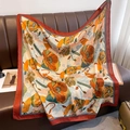 Sciarpa vintage double face con stampa floreale di papaveri arancioni e foglie blu - Arancione (HS-65) / 90*90cm