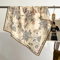 Floral silk scarf with vintage botanical print on off-white background with brown border - 68x68cm / Beige (FW-110-Beige)