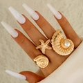 Set di anelli dorati con conchiglia e stella marina con perla stile oceano unico - Set da 3 Pezzi Stella Marina Chiocciola e Perla Artificiale (30834-ring-G)