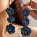 Three-tier dark blue denim fabric rose petal earrings with elegant gold hooks - Deep Blue Denim Style