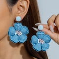 Light blue denim flower earrings with layered petals and textured fabric finish - Light Blue Brushed Style