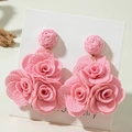 Delicate pink fabric rose earrings with three layered 3D flowers for women - Pink Triple Flower Style