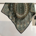Macro detail of high-quality square silk scarf featuring complex green mandala pattern - 68x68cm / Green
