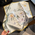 Exquisite floral silk square scarf with bamboo and sun print on satin fabric - Small Square Scarf (ZS-530) / Beige Animal Print