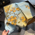 Elegant 100% pure mulberry silk square scarf with floral bird pattern in light blue - Blue (ZS-529)