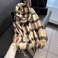 Plaid cashmere-feel scarf in cream with black and red patterns and fringe detail - 65*210cm / Off White
