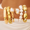 Golden liquid fold wide cuff and irregular pearl bead bracelet stack set for women - Cream Beaded Chain With Baroque Pearl (30328-bra-G)