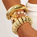 Chic gold-plated liquid metal cuff set with irregular beads and pearl flower charm bracelet - Gold Flower Pendant Pearl Set (30330-bra-G)
