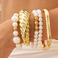 Stackable gold textured cuff and layered white pearl bead bracelet set for women - Spiral Gold Cuff Bracelet Pearl Group (30274-bra-G white)