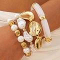 Three-piece layered bracelet set with gold metal accents and baroque pearl beads - Baroque Metal Sheet Resin Stacking Set (30235-bra-G-white)