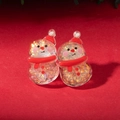 Detailed close-up of resin snowman earrings with festive glitter on red background - Transparent Colorful Glitter Snowman Style (30476-ear-red-8)