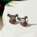 Close-up of reindeer stud earrings made of dark glitter resin with a festive red nose - Dark Brown Glitter Reindeer Style (31325-ear-grey-EP)