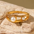 Golden double-layer open ring with white pearls and organic hammered texture - Organic Texture Double Pearl Ring (30419-ring-3)