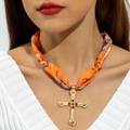 Detail of orange silk scarf necklace with baroque gold cross pendant and colorful gems - Orange Dragonfly Print With Gemstone Cross Pendant (30528-nek-ora-3-EP)