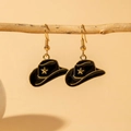 Western cowboy hat earrings with black enamel and gold star detail on a branch - Black Cowboy Hat Star Hook Earrings