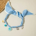 Blue paisley silk scarf necklace with pearl pendants and floral charms on beige surface - Blue Paisley With Heart Rhinestone Pendant (30528-nek-blue-2)