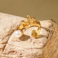 Adjustable golden ocean ring featuring white pearl, seashell, and textured starfish detail - Starfish Shell Open Ring (30419-ring-8)