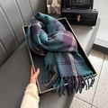 Detail of a thick plaid scarf with tassels, featuring deep purple and green patterns - 63*200CM / Blue and Purple
