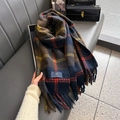 Close-up of thick plaid scarf featuring soft cashmere-like texture and long tassel fringe - 63*200CM / Navy Blue