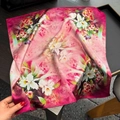 100% Mulberry silk square scarf with pink gradient and lily floral butterfly pattern - 53*53cm / Pink Gradient (ZS-501-Pink)