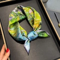 Silk scarf with colorful impressionist floral print displayed on a black tray - 53*53cm / Green Art Print (ZS-504-Green)
