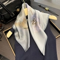 Elegant mulberry silk square scarf with purple floral print on blue knit top - 53*53cm / Light Green Big Floral (ZS-505-Light Green)