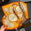 Orange and cream 100% mulberry silk square scarf featuring vintage floral and ring prints - 53*53cm / Orange Botanical (ZS-506-Orange)
