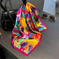 Colorful abstract print 100% mulberry silk scarf hanging on a black leather handbag - 53*53cm / Rose Pink Painted (ZS-507-Rose Pink Edge)
