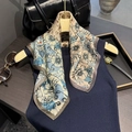 Floral 100% mulberry silk scarf with cream and blue patterns on dark navy knitwear - 53*53cm / Blue Freehand Floral (ZS-508-Blue)