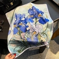 100% Mulberry silk square scarf featuring iris print in blue and purple tones - 53*53cm / Blue Iris (ZS-510-Blue)