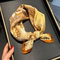 Elegant 100% mulberry silk square scarf with golden brown paisley patterns in a gift box - 53*53cm / Khaki Paisley (ZS-513-Khaki)