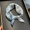 Light blue 100% mulberry silk square scarf with deep blue hand-painted floral patterns - 53*53cm / Blue Freehand Big Floral (ZS-532-Blue)