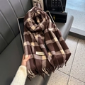 Plaid cashmere-like scarf with tassels in dark brown and cream white checkered pattern - 65*210cm / Caramel color
