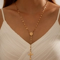 Golden rosary necklace with starfish and cross pendant worn on a white V-neck dress - Gold Icon Cross Y-shape Style (29131-nek-G-1)