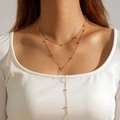 Double-layered golden Y-necklace featuring metallic beads and minimalist tassel design - Gold Ball Chain Y-shape 2-layer Style (30401-nek-G)