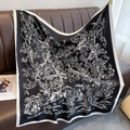 Classic black and white Toile de Jouy silk scarf draped on a brown leather sofa - 90*90cm / Black
