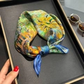 Silk square scarf featuring colorful oil painting style prints tied in a stylish knot - 53*53cm / Multicolor Oil Painting (ZS-518-Blue)