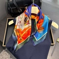 Artistic printed silk scarf in blue and orange draped over a dark sweater - 53*53cm / Orange Art Illustration (ZS-520-Orange)