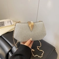 Silver sequin clutch bag with gold leaf clasp and delicate chain strap for women - Silver