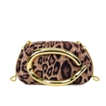 Vintage leopard print clutch bag with large gold C-shaped metal handle and chain strap - Leopard Khaki